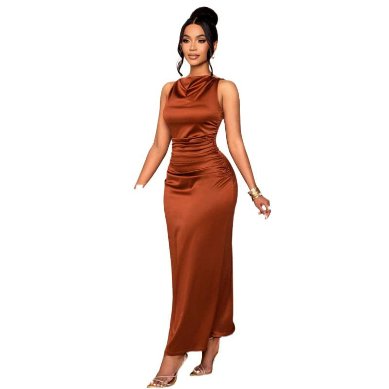 Summer New Pleated Satin Sleeveless Evening Dress by Ricaloux