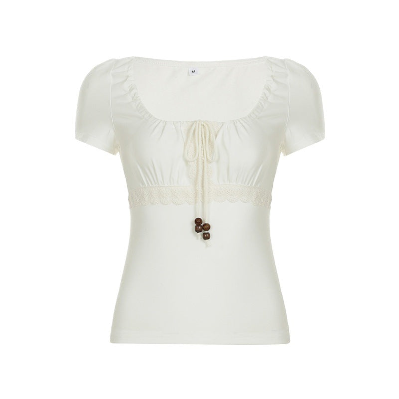 Retro Girly Beaded Drawstring Lace-panel Short Top – Premium 0 | RICALOUX