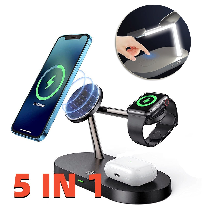 Multifunctional Five-In-One Magnetic Wireless Charging Watch Headset Desktop Mobile Phone Holder Charger 15W Fast Charge by Ricaloux