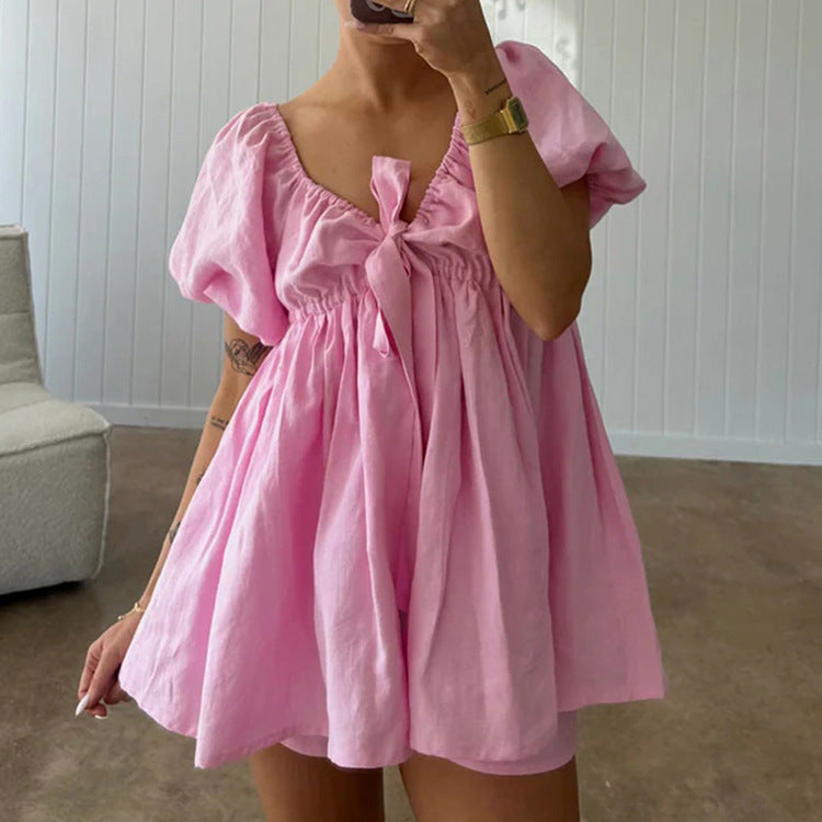 V-neck Puff Sleeve Tie-up Top And Loose Shorts Two-piece Set by Ricaloux