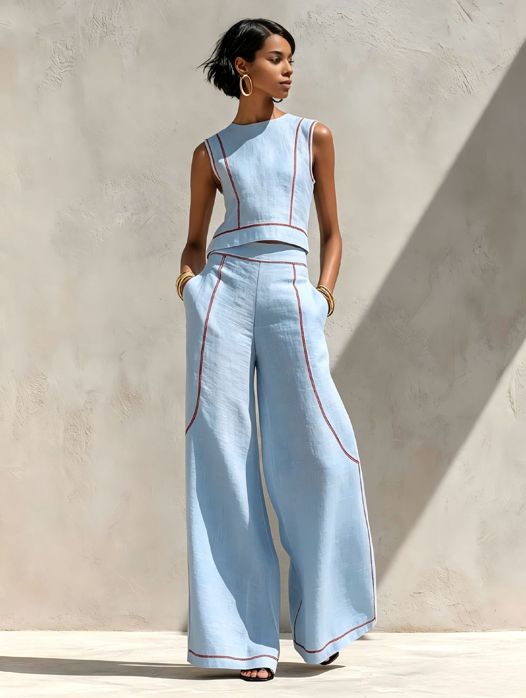 Sleeveless Color-Block Wide-Leg Pants Set Womens Summer Casual Chic Two-Piece Outfit by Ricaloux