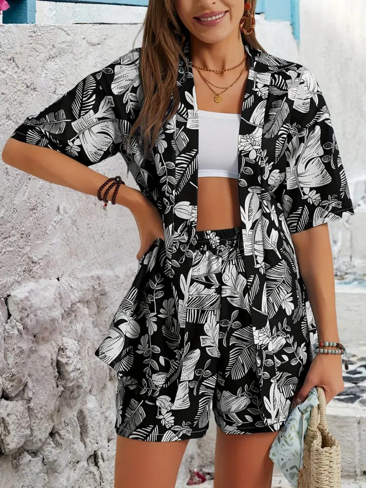 Lapel-collar Printed Short-sleeve Cardigan Shirt And Casual Shorts 2-piece Set – Premium 0 | RICALOUX