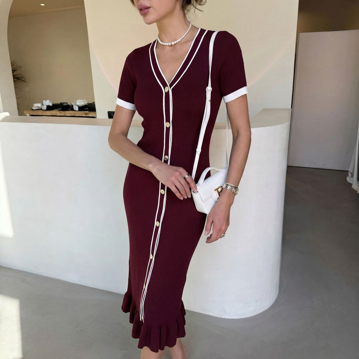 Elegant V-neck Long-sleeve Single-breasted Knit Dress For Women by Ricaloux