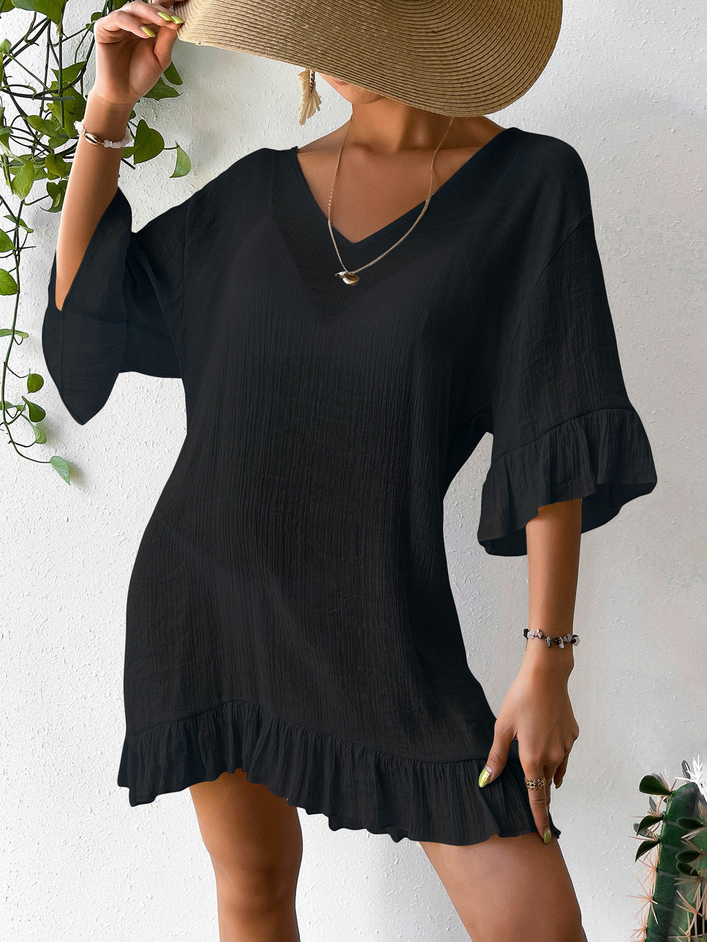 New V Neck Flare Sleeve Back Butterfly Print Sun Protection Dress, Bestseller Beach Cover Up Dress For Amazon – Premium 4 | RICALOUX