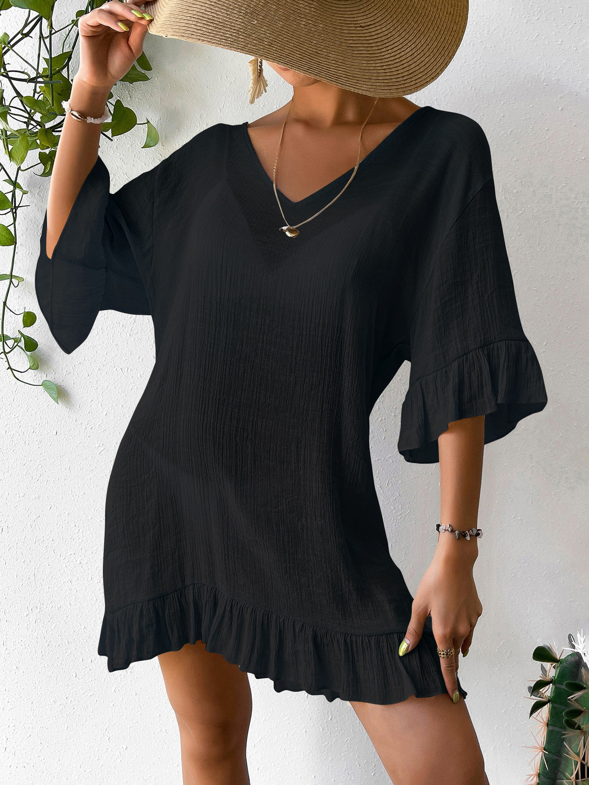 New V Neck Flare Sleeve Back Butterfly Print Sun Protection Dress, Bestseller Beach Cover Up Dress For Amazon – Premium 4 | RICALOUX