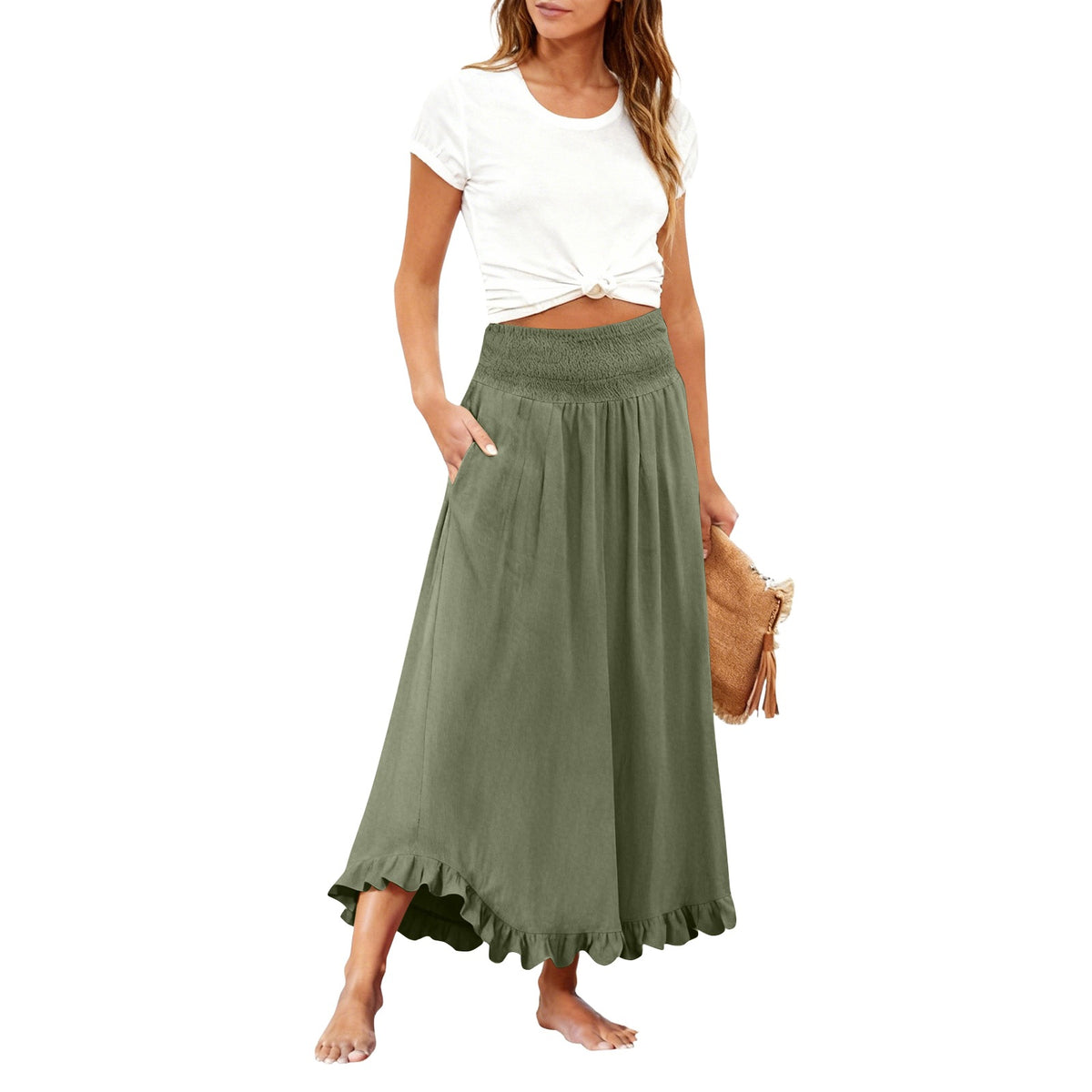 High-waisted Elastic-waist Long Skirt With Ruffled Hem by Ricaloux