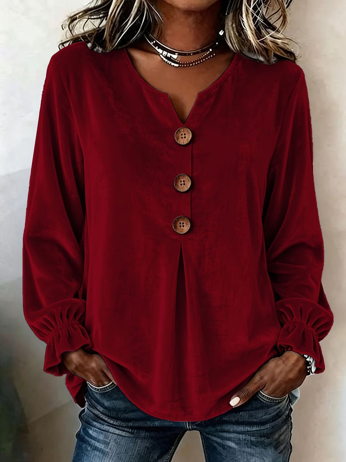 New Velvet Long Sleeve Blouse, Fashion V-Neck Button Shirt – Premium 4 | RICALOUX