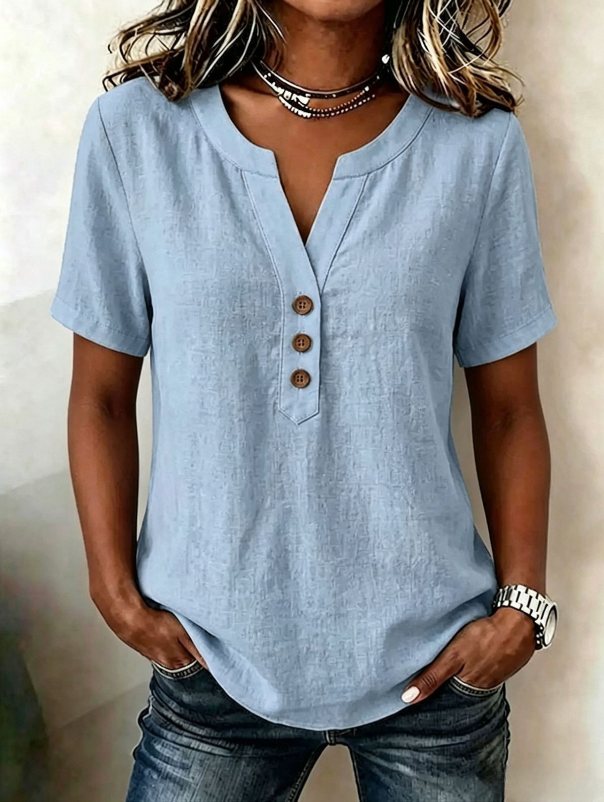 Casual Loose-fit Cotton-linen V-neck Button-up Top by Ricaloux