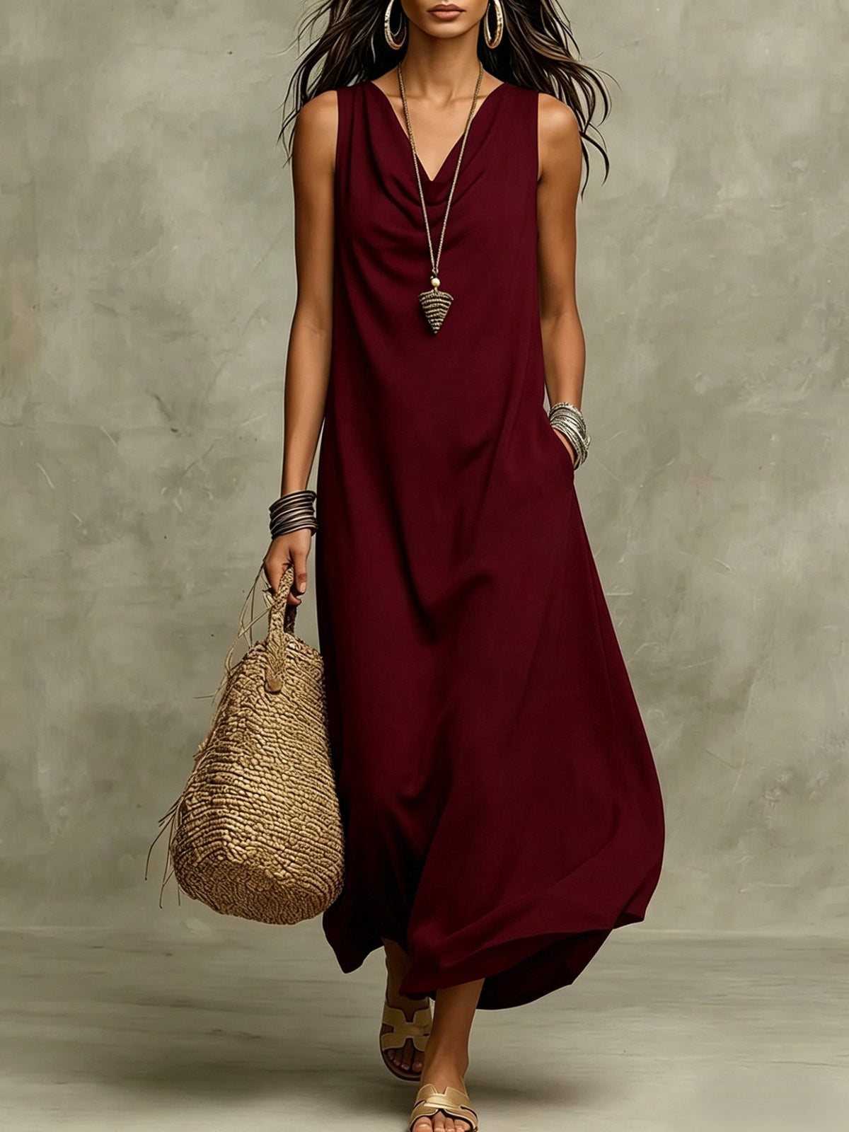 Women's Sleeveless Cowl Neck Maxi Dress With Pockets - Casual Loose Vacation Dress, Multiple Colors Available – Premium 4 | RICALOUX