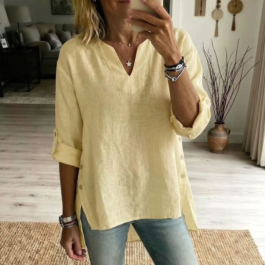 Loose Casual V-neck Three-quarter-sleeve T-shirt For Women by Ricaloux