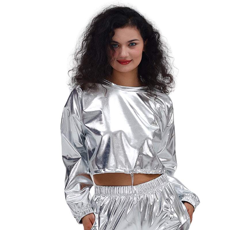 Long Sleeve Round Neck Drawstring Embossed Shiny Leather Sweatshirt – Premium 0 | RICALOUX