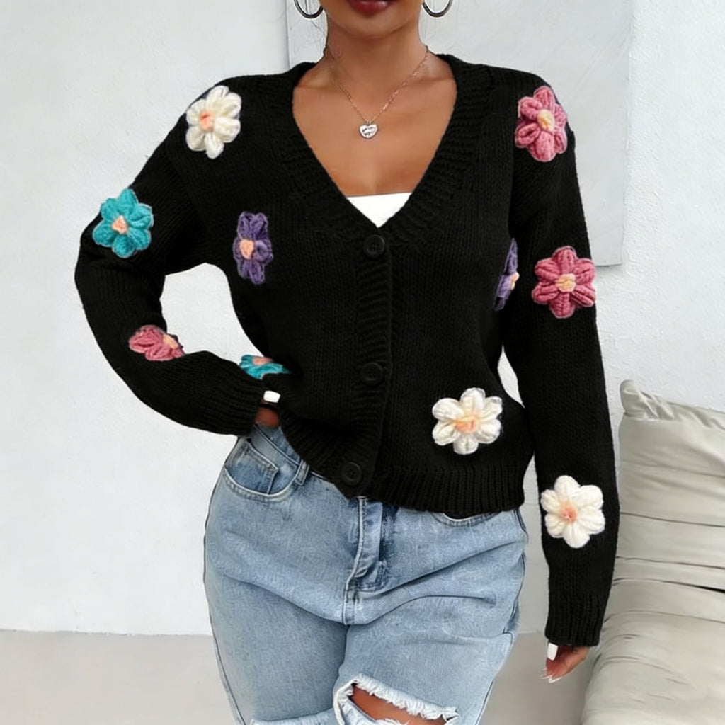 Womens Knitted Cardigan With Three-dimensional Floral Pattern And Hand-embroidered Flowers by Ricaloux