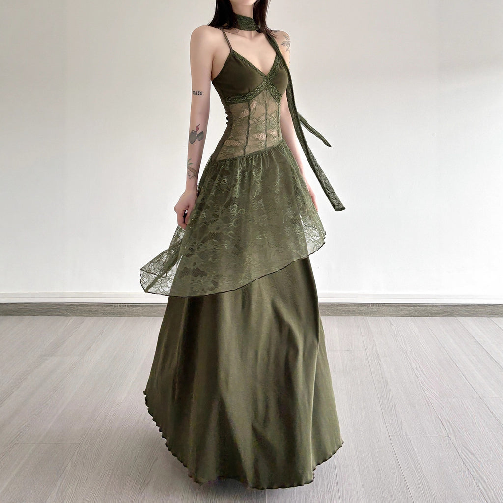 Retro-style Lace-panel V-neck Slip Dress by Ricaloux