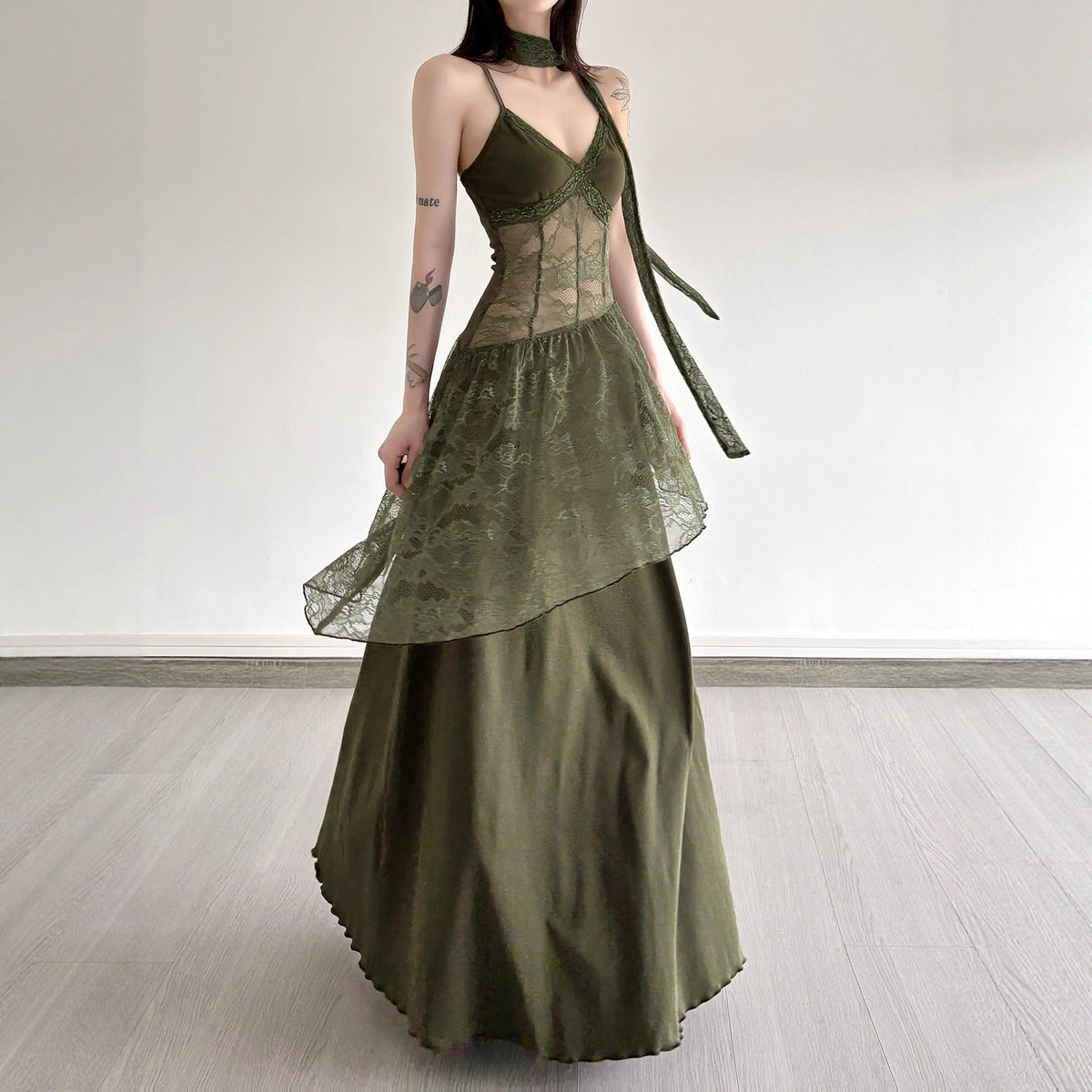 Retro-style Lace-panel V-neck Slip Dress by Ricaloux
