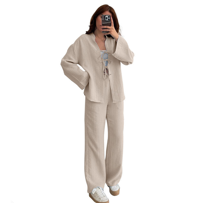 European And American-style Solid-color Lace-up Cardigan With Long Sleeves by Ricaloux