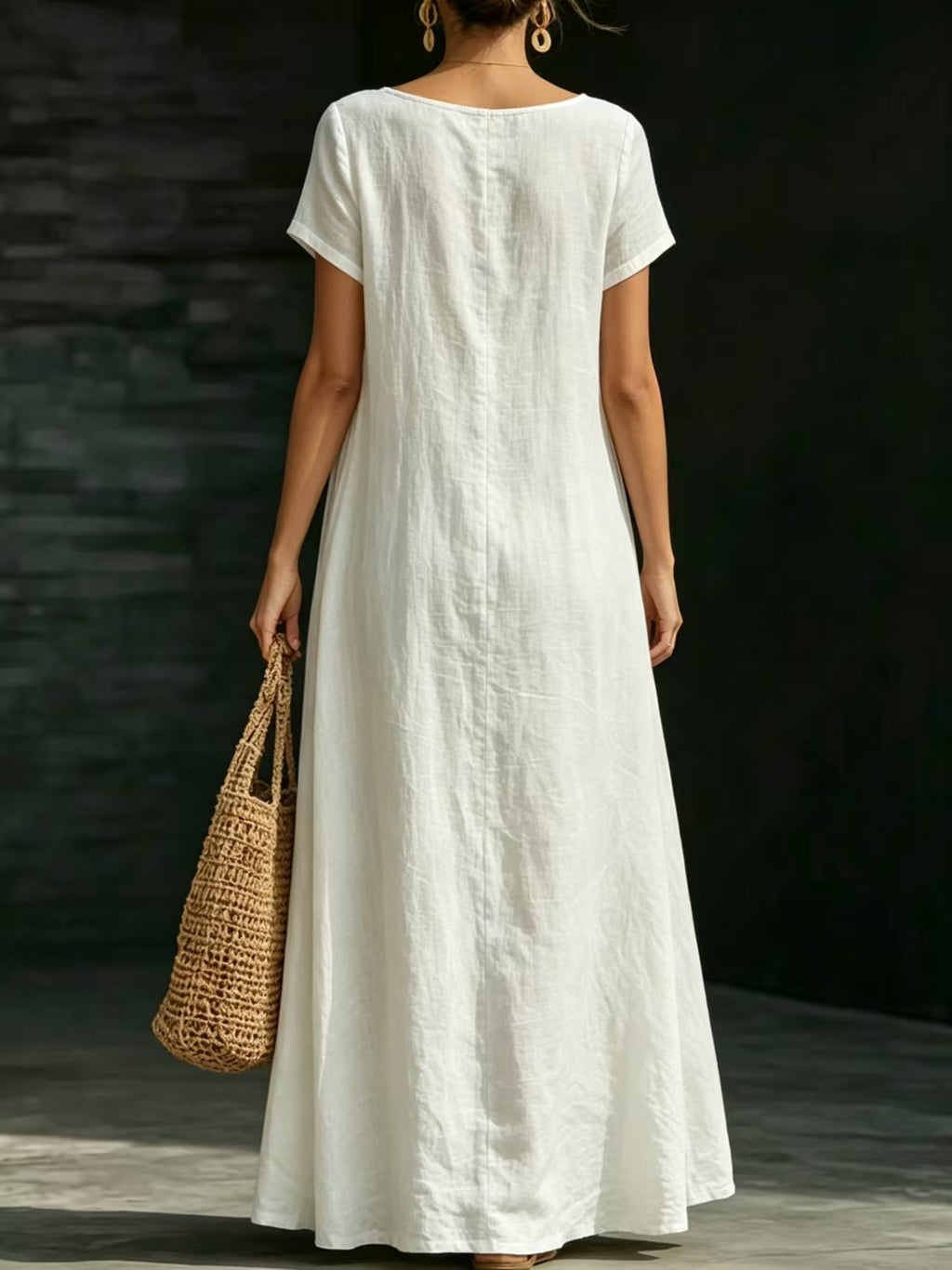 Summer Dress U-neck Short-sleeve Loose Casual Pure Color Full-skirted Long Dress by Ricaloux