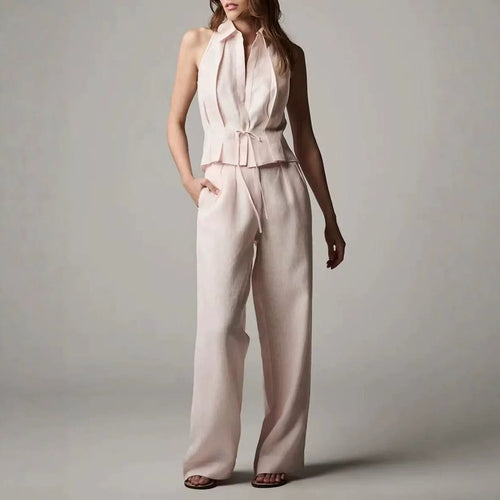 Cotton-linen Sleeveless Lapel Top With A Simple Straight-leg Pants Set by Ricaloux