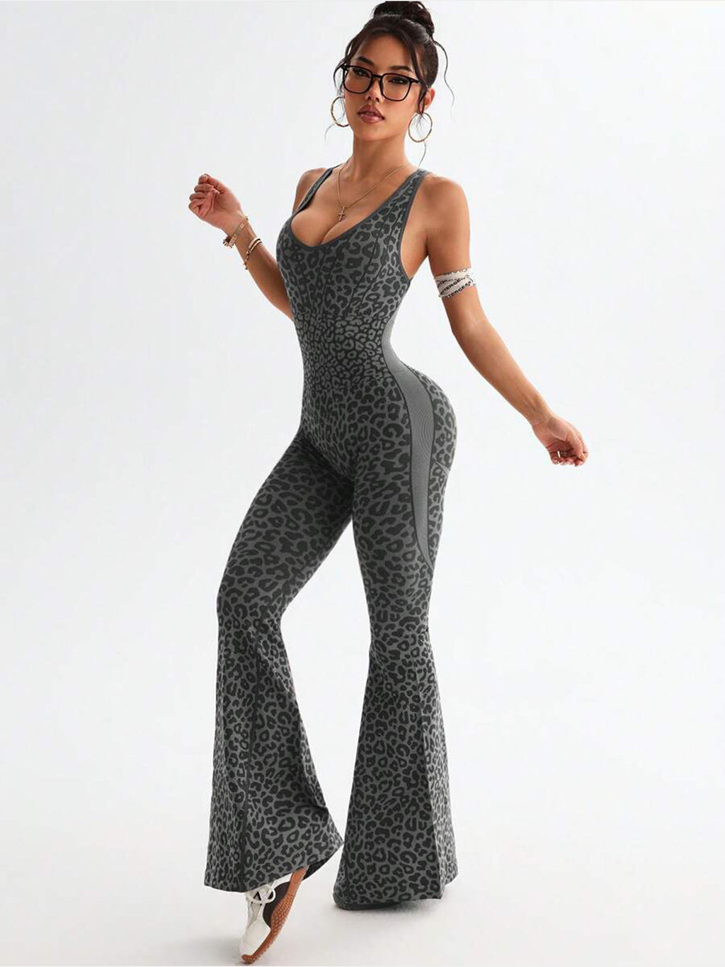 Women's Leopard Print Crisscross Back Seamless One-Piece Yoga Jumpsuit For Fitness & Sports by Ricaloux