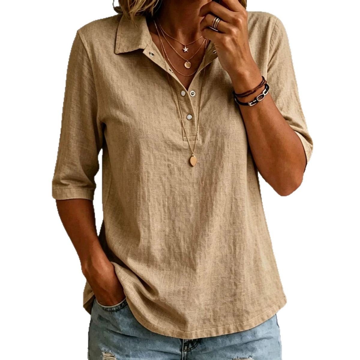 Loose-fitting Casual Mid-sleeve Lapel-collar Solid-color Shirt – Premium 0 | RICALOUX