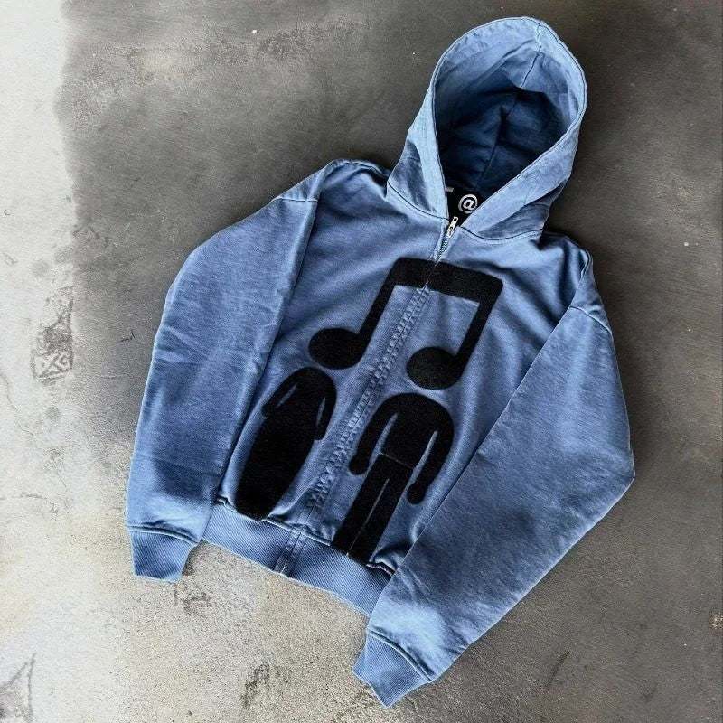 Printed Zip-Up Hoodie Loose-Fit Sweatshirt by Ricaloux