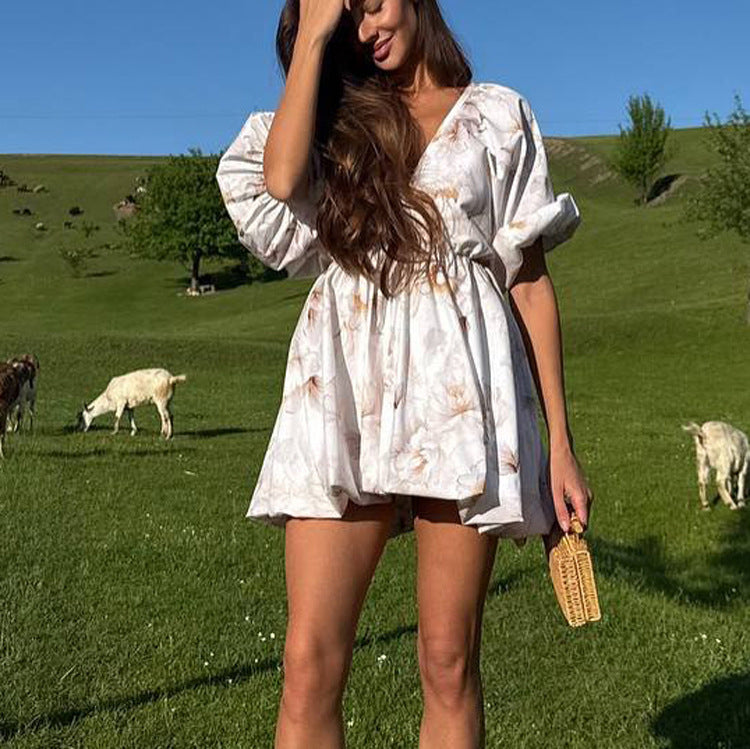 Sexy Open-Back V-Neck Puff-Sleeve Tie-Waist Dress by Ricaloux