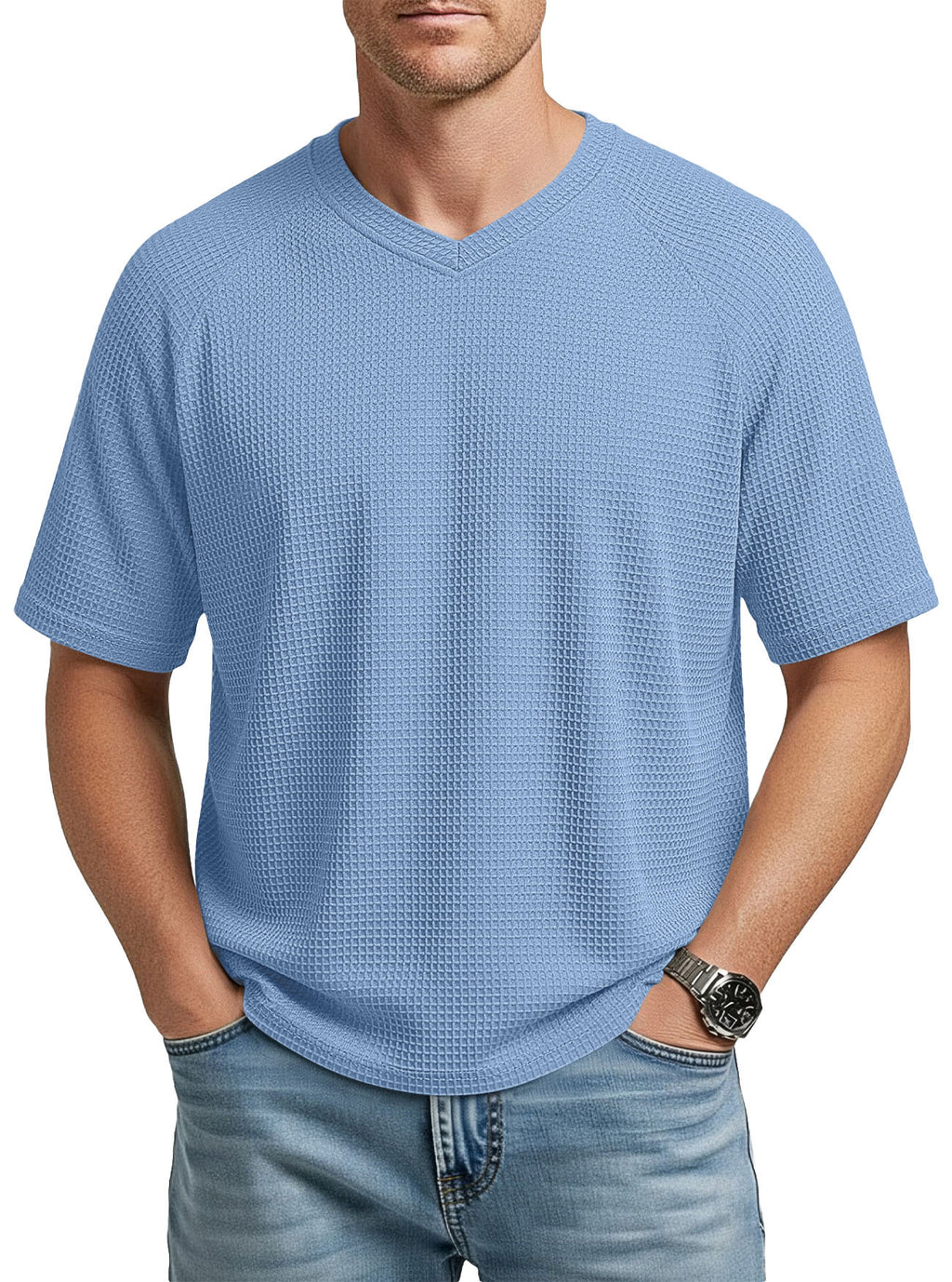 Mens V-neck Raglan Waffle-Knit Short-Sleeve Knit T-Shirt – Premium 0 | RICALOUX