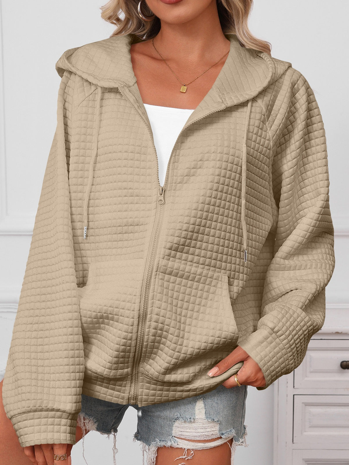 Zip-up Hooded Long Sleeve Jacket, Sporty & Casual Style by Ricaloux