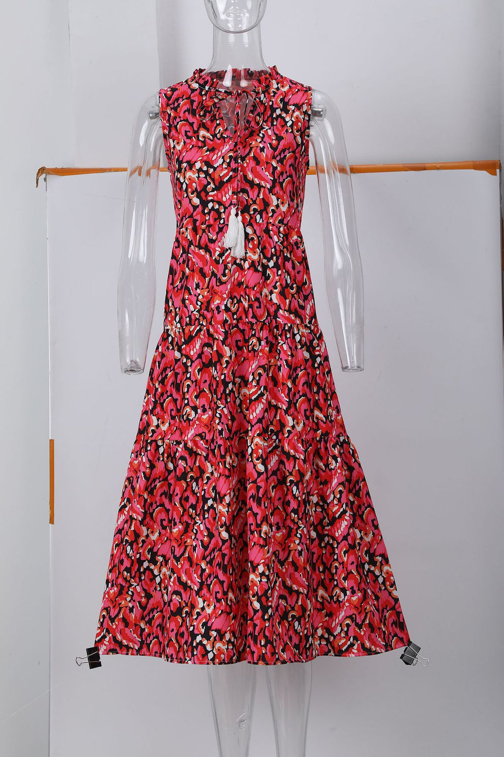 Sleeveless V-neck Tassel Abstract-print Dress by Ricaloux