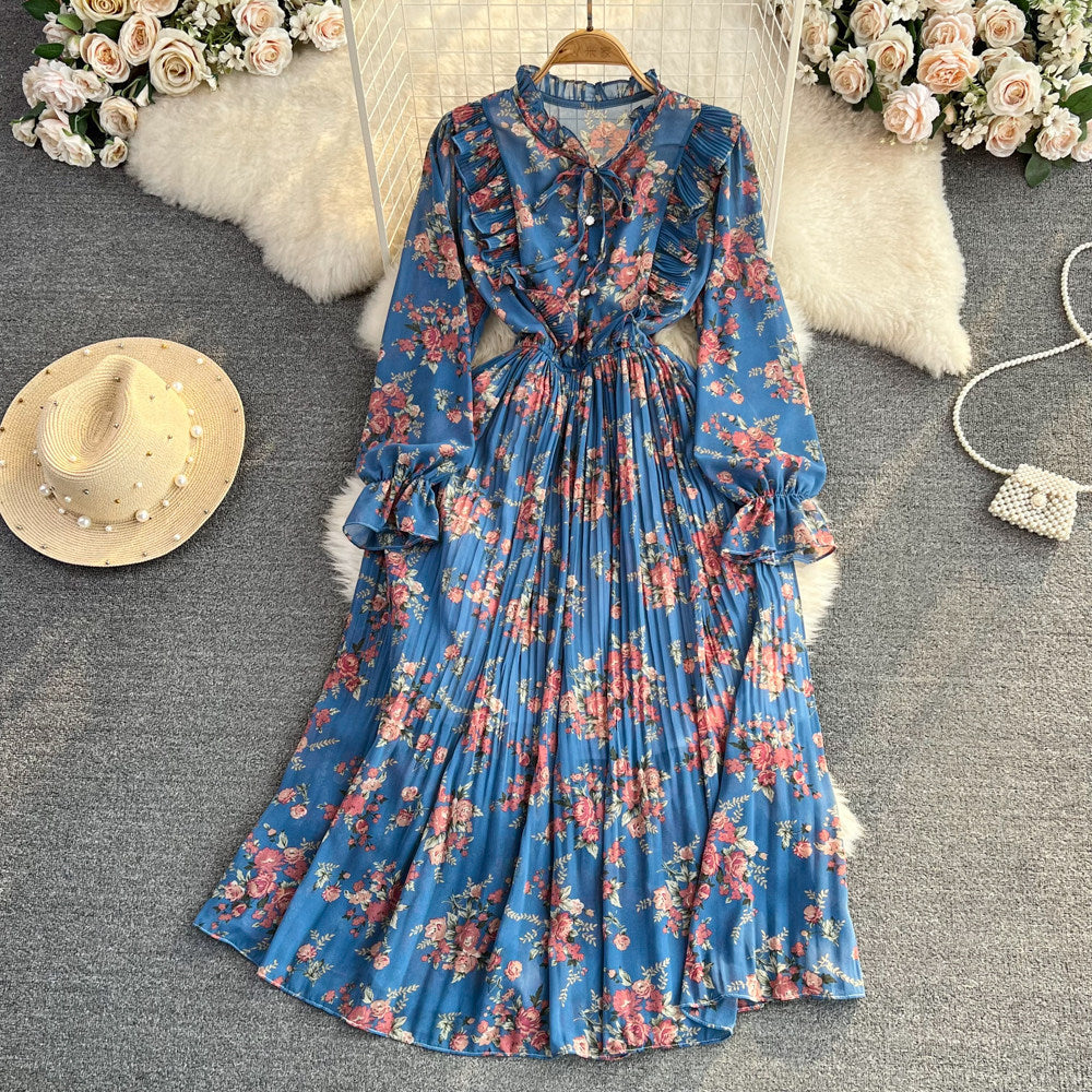 Womens Casual Round-neck Chiffon Dress With Ruffled Trim And Floral Print by Ricaloux