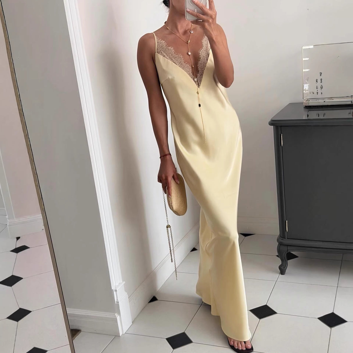 Lace Trim V-Neck Spaghetti Strap Maxi Slip Dress – Premium 4 | RICALOUX