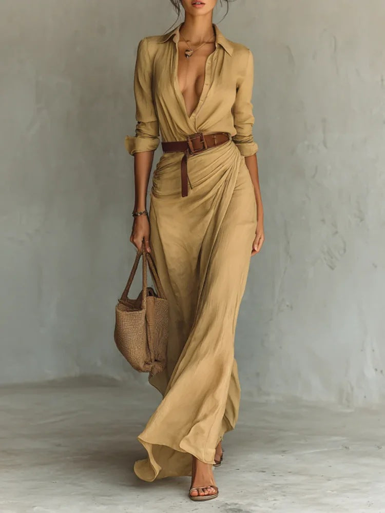 Elegant Shirt Maxi Dress With Belt - Turn Down Collar Long Sleeve Ruched Wrap Dress For Women by Ricaloux