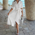 Notched-collar Lace-up Waist-defined Dress For Women by Ricaloux