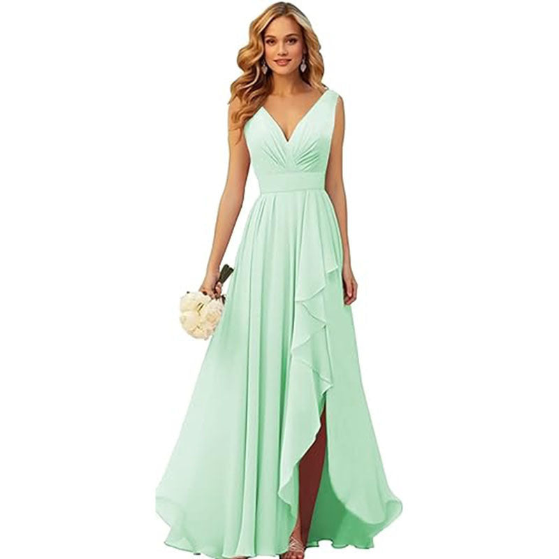 V-neck Pleated Slit Chiffon Dress With Tie Straps – Premium 0 | RICALOUX