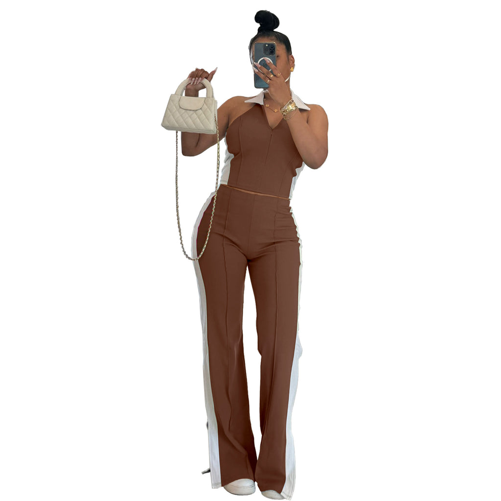 Fashionable Patchwork Color-Block V-Neck Zippered Sleeveless Split-Pant Two-Piece Set by Ricaloux