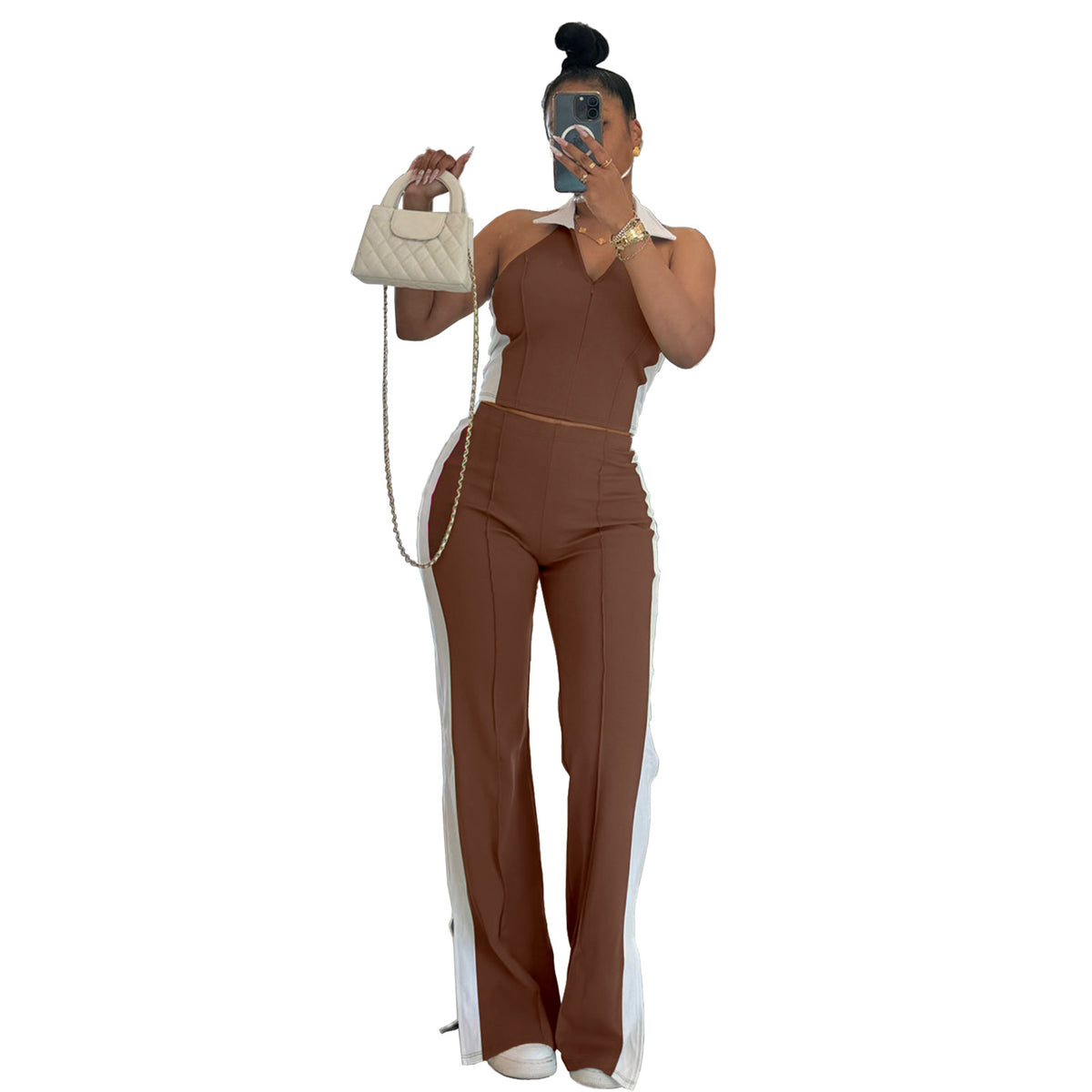 Fashionable Patchwork Color-Block V-Neck Zippered Sleeveless Split-Pant Two-Piece Set by Ricaloux