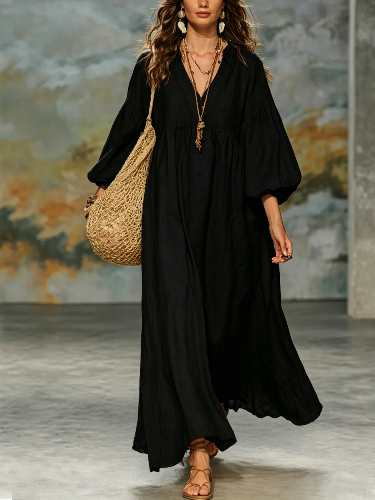 Deep-V Lantern-sleeve Loose-fit Flared Dress by Ricaloux