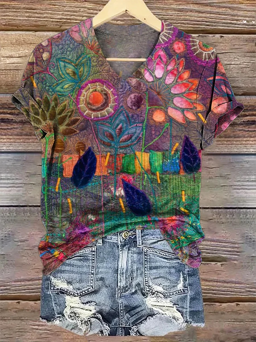 3D Digital Print T-Shirt Womens V-Neck Short-Sleeve Top by Ricaloux
