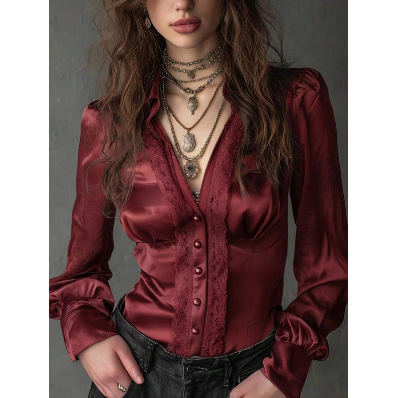 Womens Satin Long-sleeve Shirt With A Turn-down Collar by Ricaloux