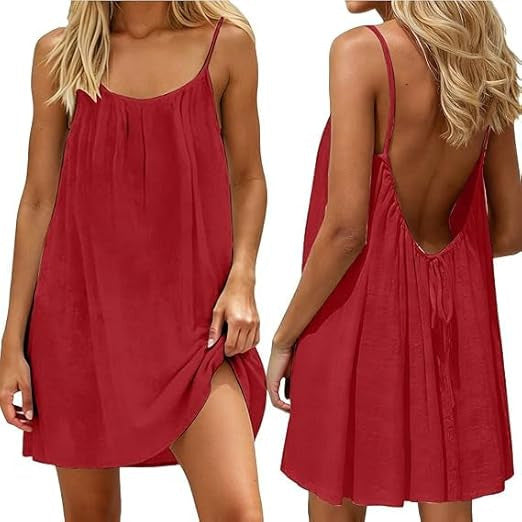 Solid-color Pleated Backless Halter Top Short Skirt For Beach Vacation by Ricaloux