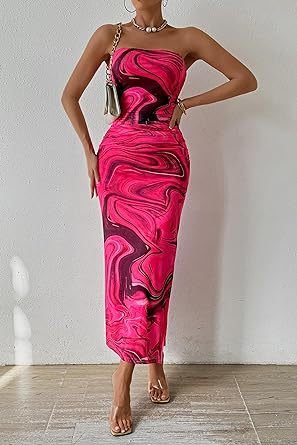 Women's Clothing Slit Hemline At Hem Sleeveless Printed Dress - RICALOUX