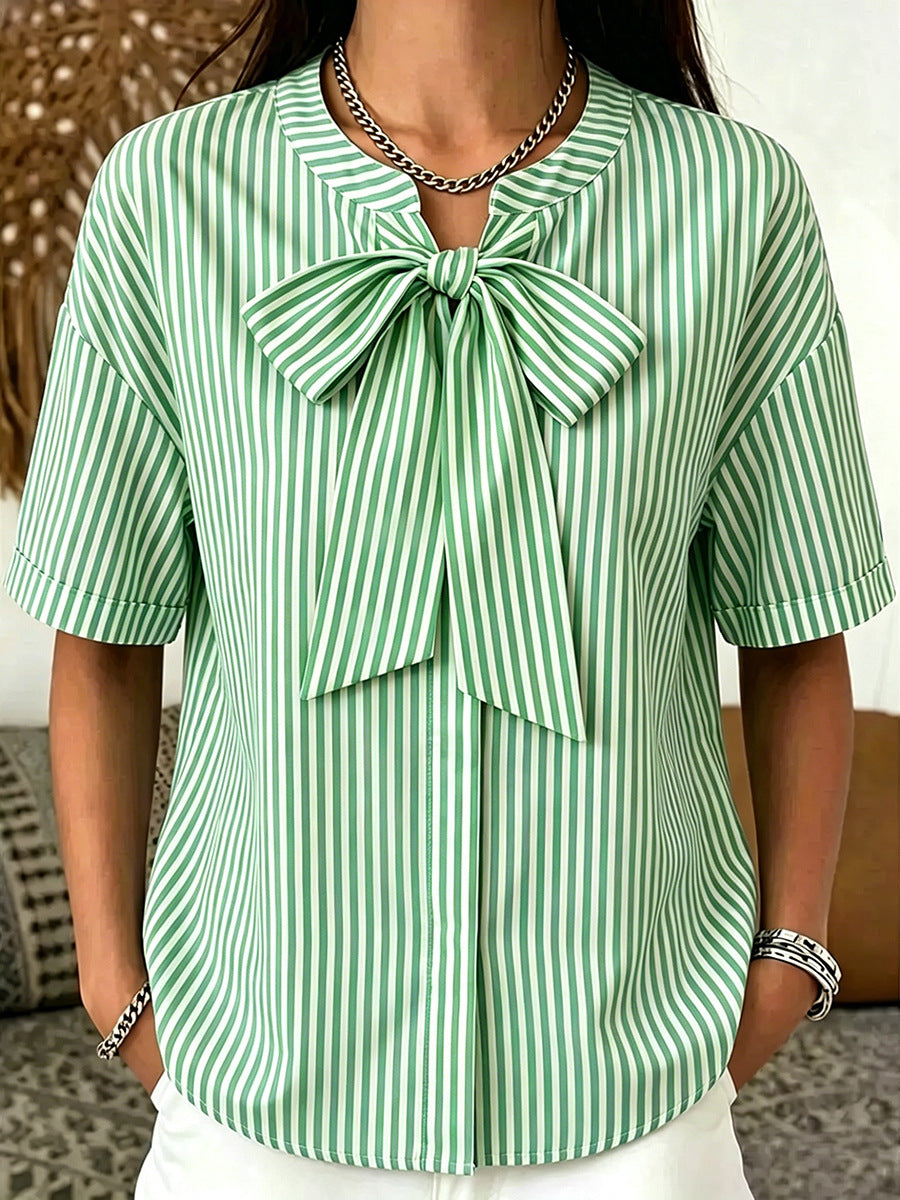 Simple Striped Casual Short-sleeve Shirt With A Bow Tie by Ricaloux