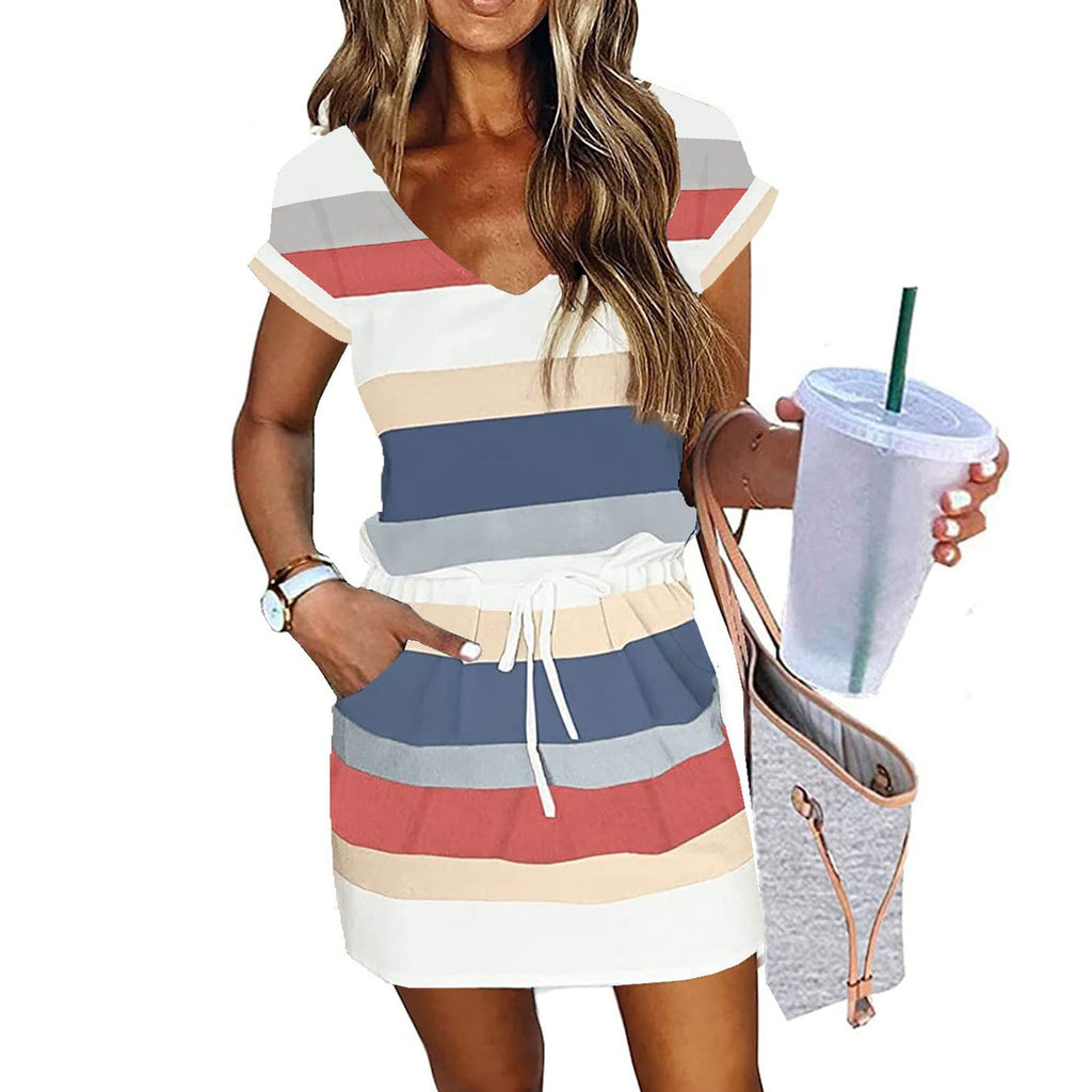 V-neck Short-sleeved Pullover Dress With Drawstring Elastic Waist And Pockets by Ricaloux