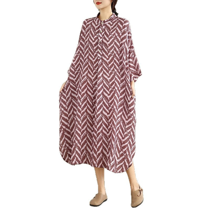 Cotton-linen Printed Mandarin-collar Loose-fit Maxi-length Resort Dress – Premium 0 | RICALOUX