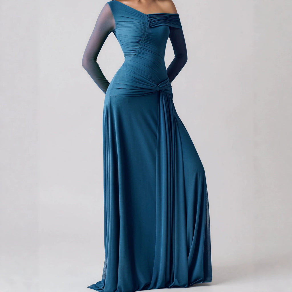 Asymmetrical One-Shoulder Sheer Mesh Mermaid Dress With Side-Twist Ruching And A Waist Cinch For Women – Premium 0 | RICALOUX