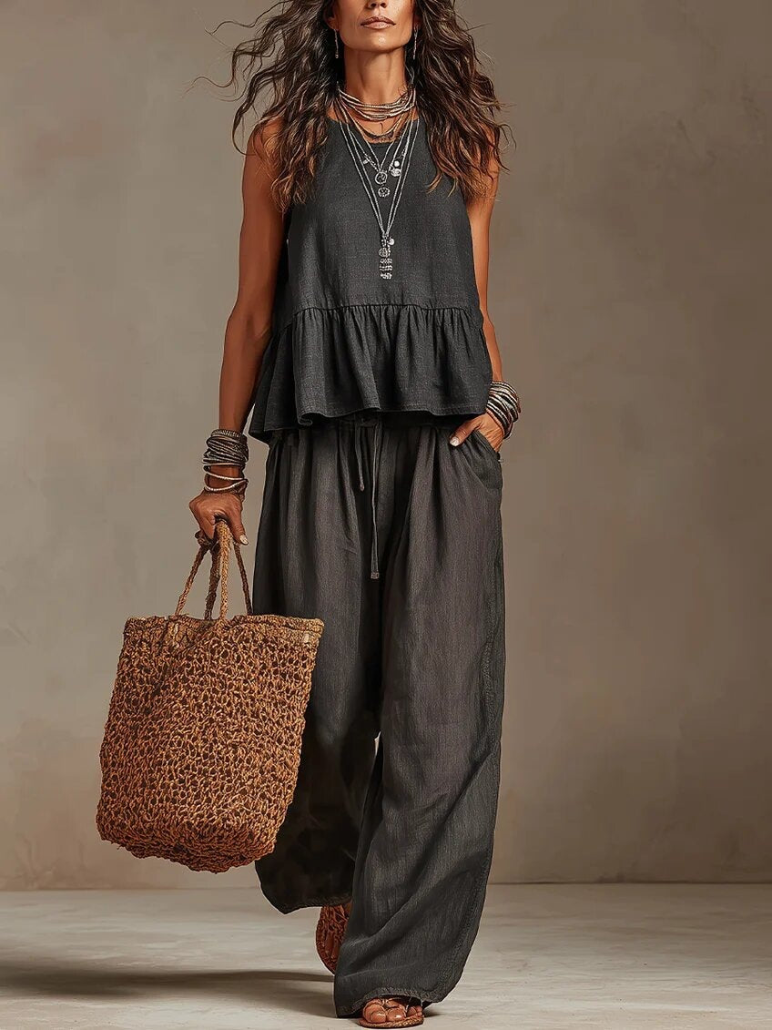 V-Neck Ruffle Hem Sleeveless Crop Top & High Waist Wide Leg Linen Pants Two Piece Outfit Set by Ricaloux
