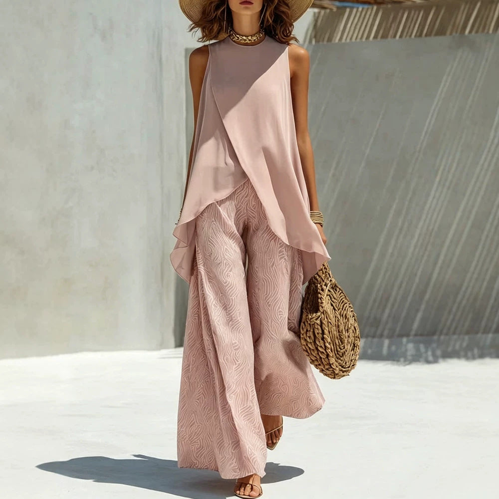 Womens Crew-neck Pullover Sleeveless Top And Long Pants Set by Ricaloux