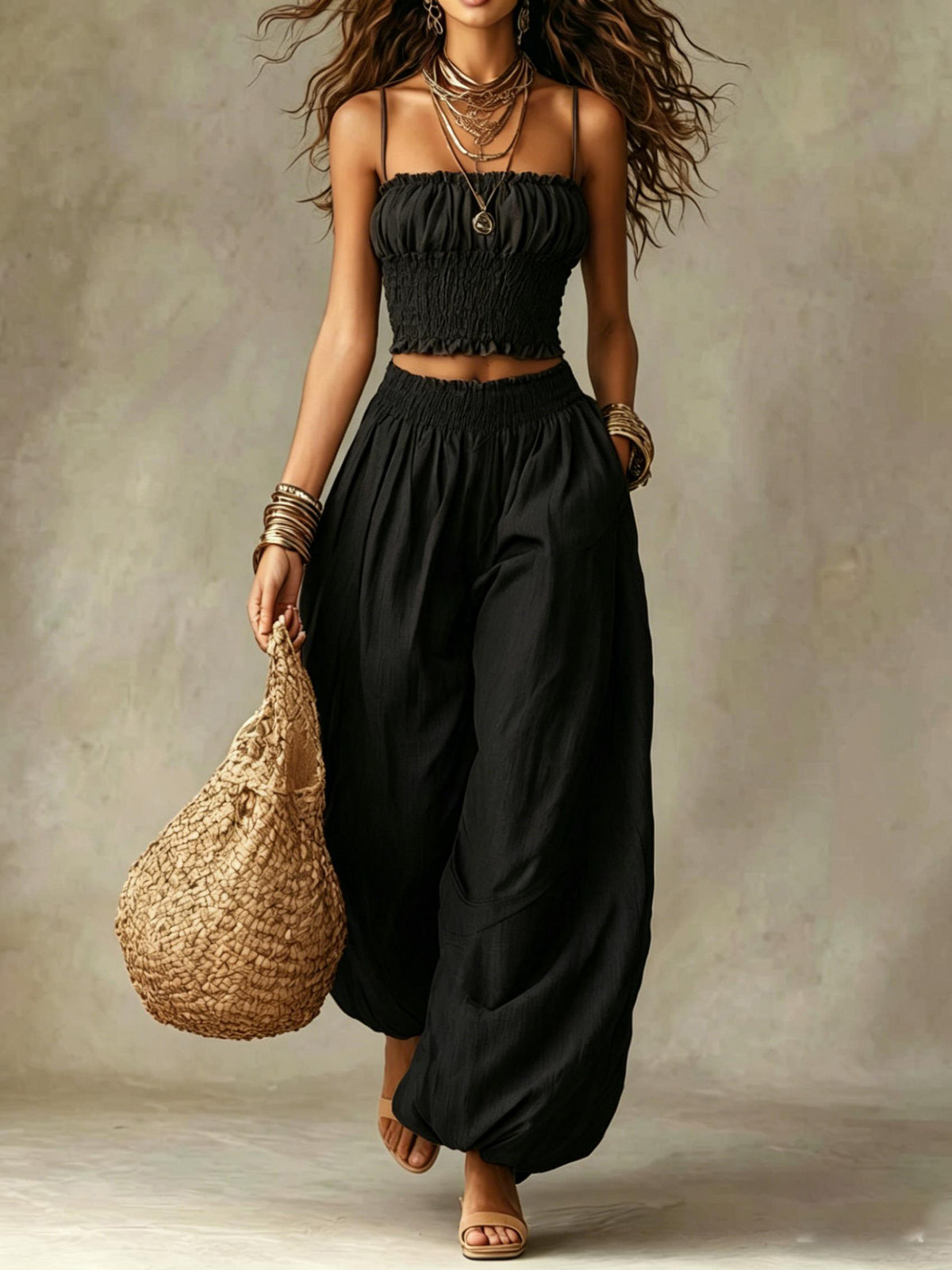 Elegant Strapless Cropped Camisole Paired With Lantern Pants Set – Premium 0 | RICALOUX