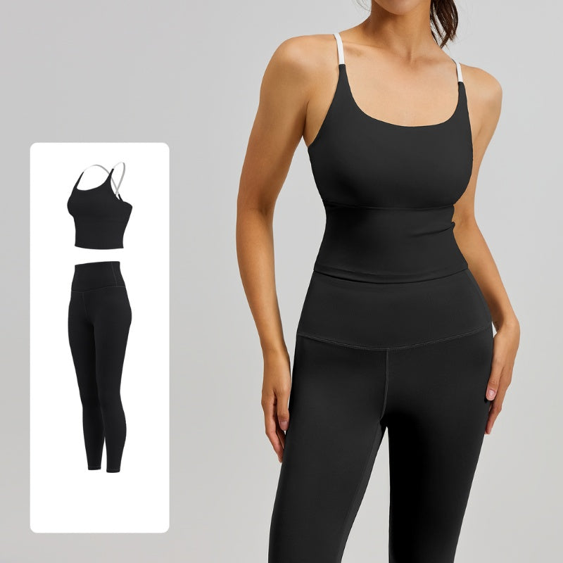 Women's Two-Piece Sports Fitness Outfit With Camisole Top & Long Pants, Color Block Shockproof Yoga Wear For Indoor Training – Premium 4 | RICALOUX