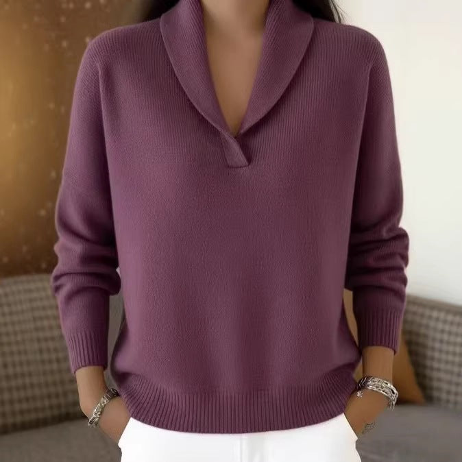 Fashionable Solid-color V-neck Long-sleeve Loose-fit Pullover by Ricaloux