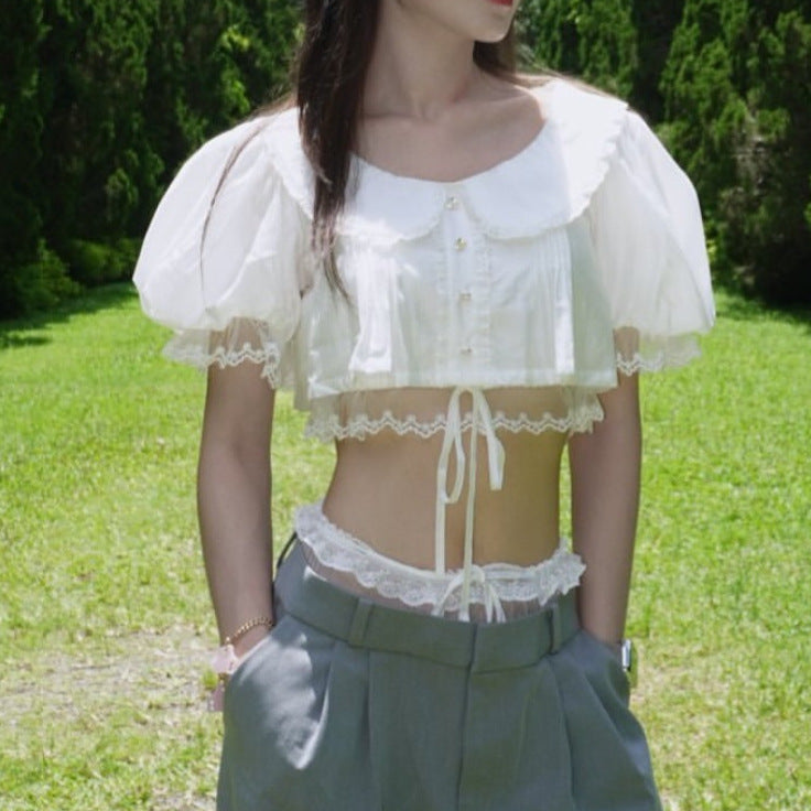 Cotton Mesh Lace Panelled Puff-sleeve Spicy-girl Style Cropped Top by Ricaloux